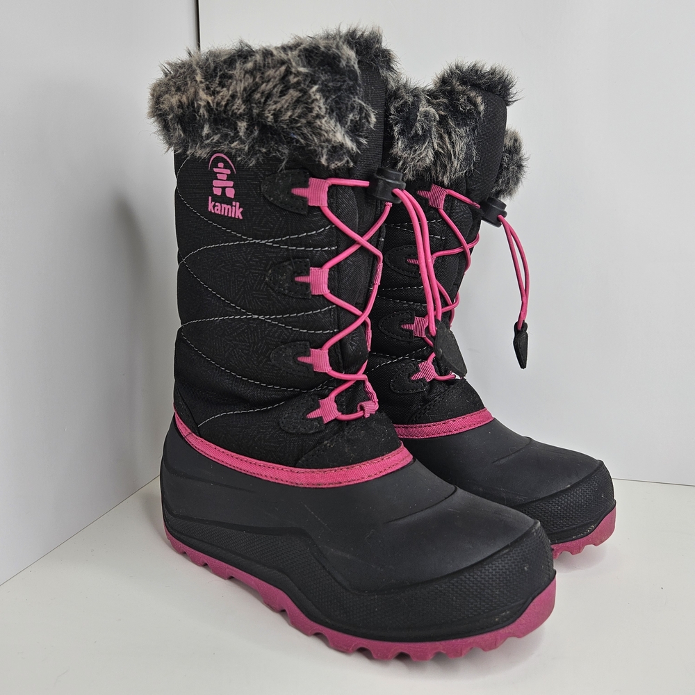 Kamik Girls Waterproof Winter Boots No Tie Laces Faux Fur Trim Black Pink Size 4